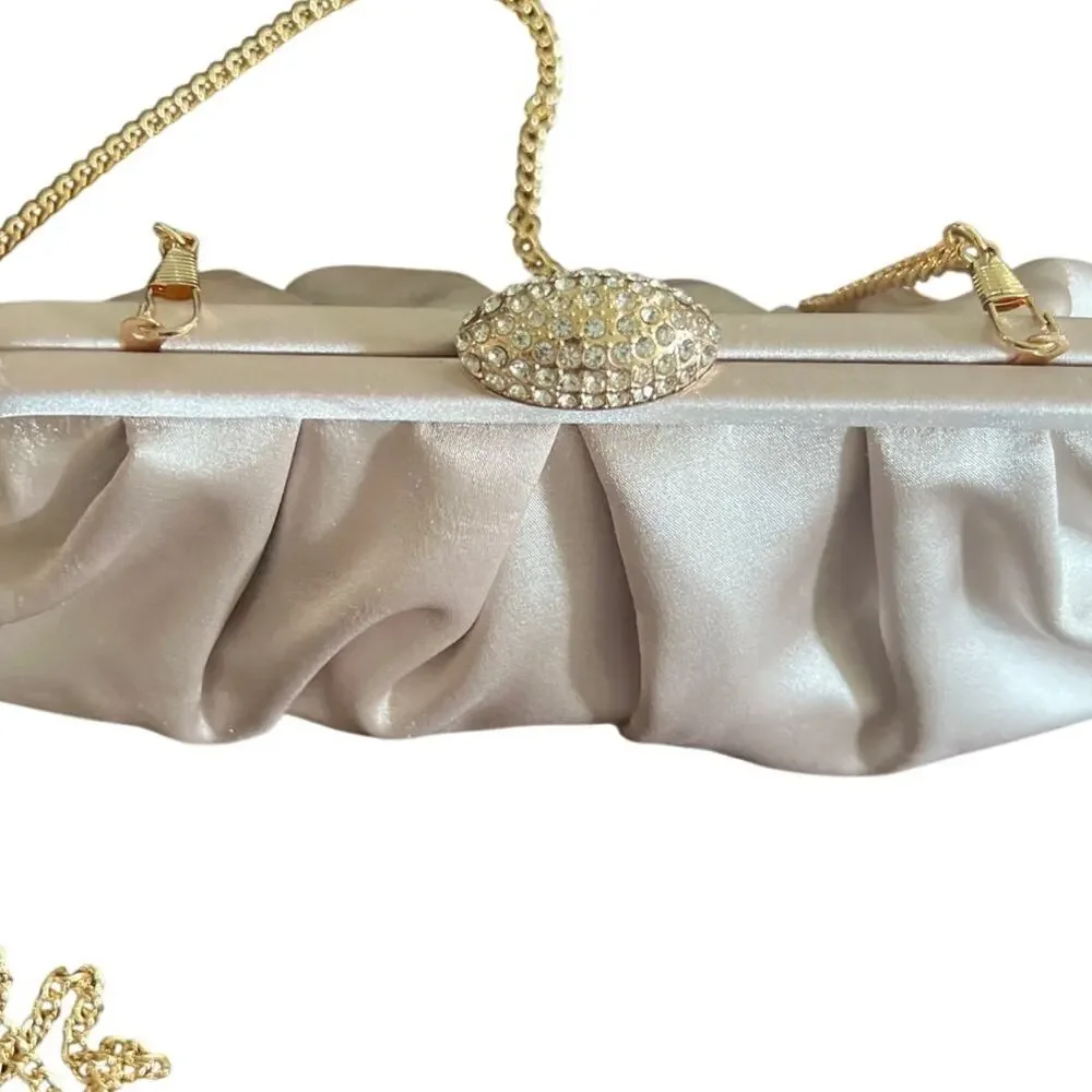 Kelly & Katie Evening Bag Pleated Clutch Satin Champagne Gold Rhinestone Chain